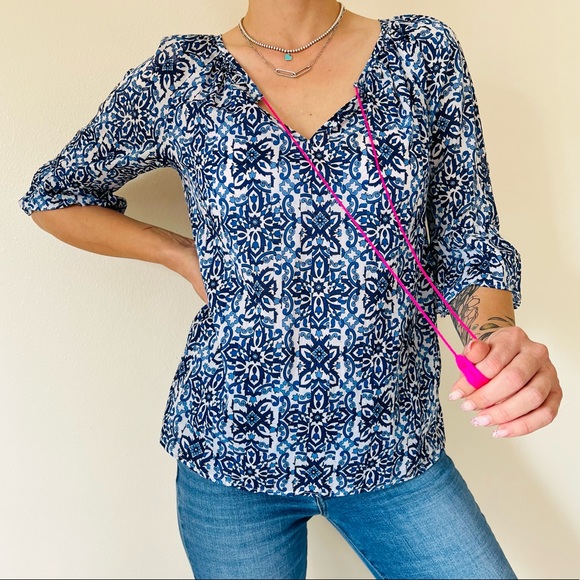 Milly For Design Nation Tassel boho bell sleeve Mosaic Tile Printed blouse Top - Picture 2 of 8